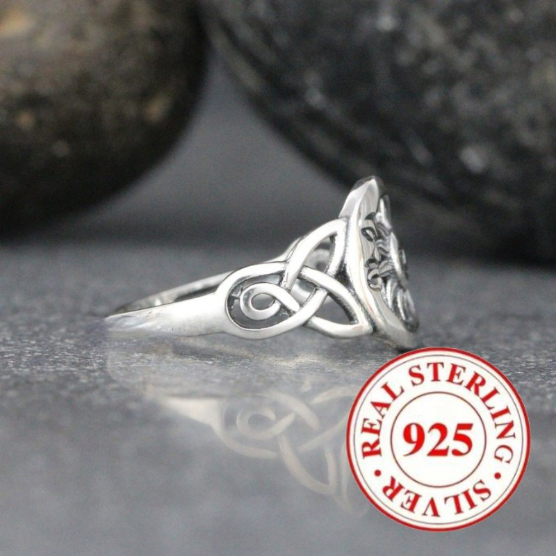 925 Silvery Retro Bohemian Moon Sun Ring for Women